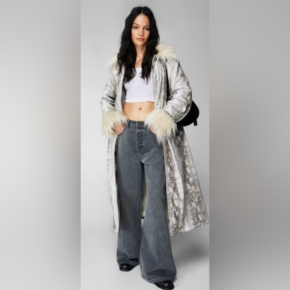 Nasty Gal Womens Snake Print Shearling Trim Longline Aviator Coat - Picture 2 of 12